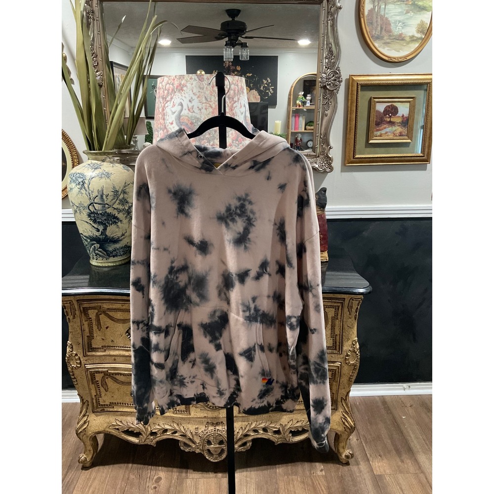 Aviator Nation Tie Dye Hoodie Tan Black Rainbow Logo Pullover XL Made in USA
